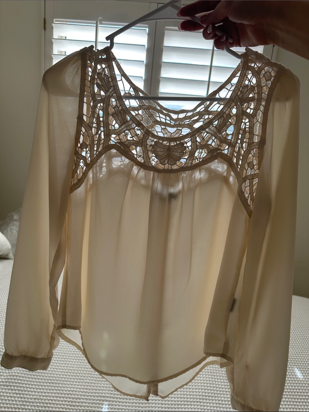Cream Lace Long-Sleeve Blouse